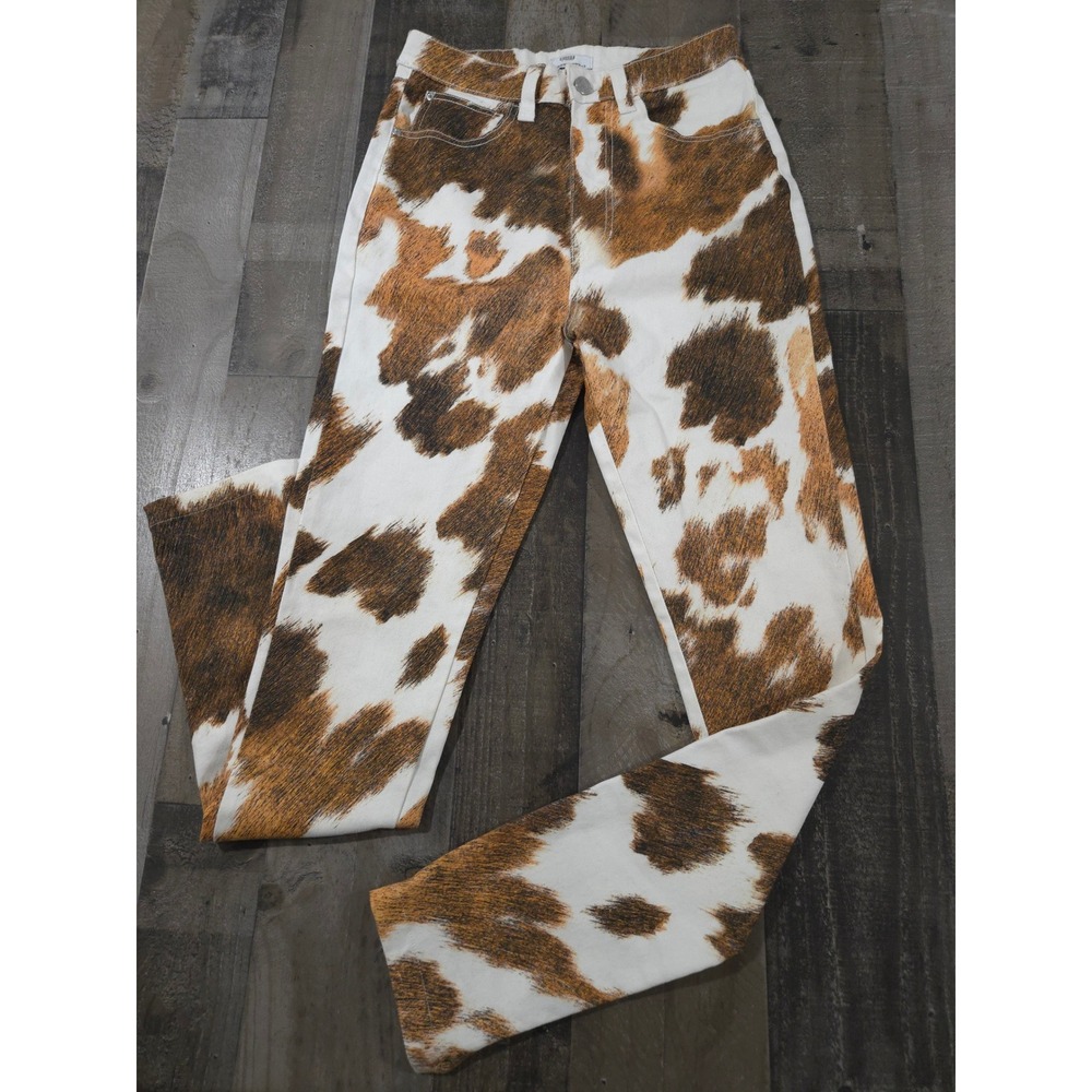 WeWoreWhat Cow Print High Rise Straight Leg Jeans Brown White Size 25 Side Slit